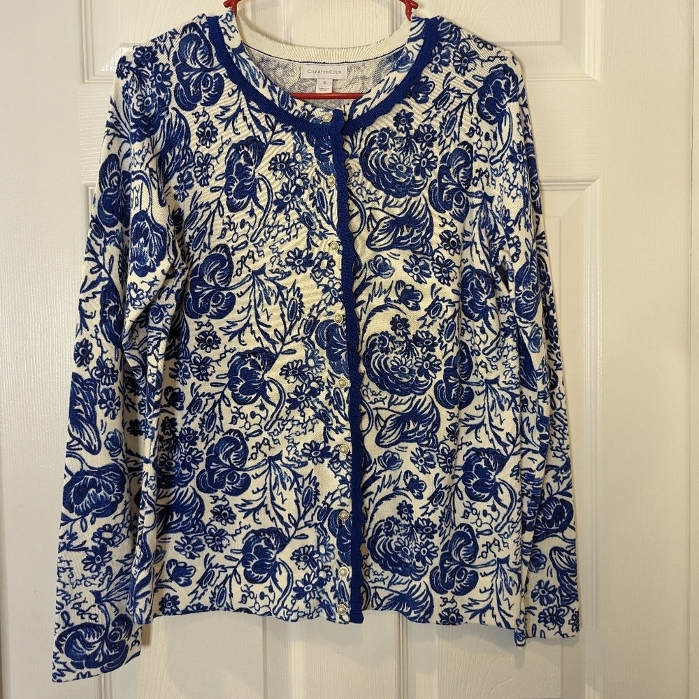 Charter Club Royal Blue‎ Floral Print Pearl Button Cardigan women's size S